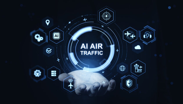 Futuristic AI air traffic control interface above a hand with digital aviation icons glowing on dark background for technology concept.
