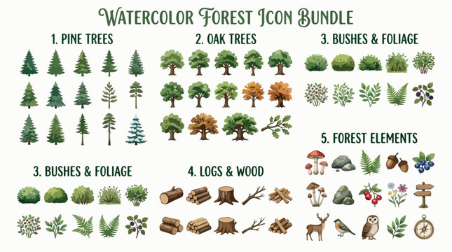 Watercolor forest icon bundle, nature woodland elements with pine and oak trees, botanical bushes and foliage vector set, rustic wood and logs