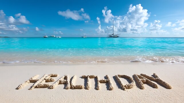 HEALTHDAY written in sand on a tropical beach with turquoise ocean and sailboats concept for wellness and vacation