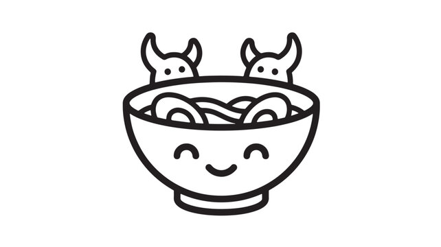 Bowl noodle icon with cute devil horns and smiling face drawing for Asian food menu or sticker design