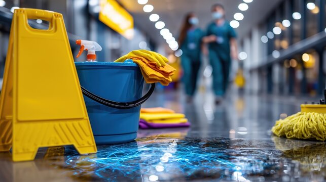 Hospital corridor cleaning scene with janitorial supplies, polished floor, and sanitation concept