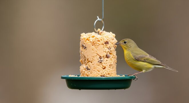 Small Songbird Perched Beside Bird Feeder Enjoying Meal.