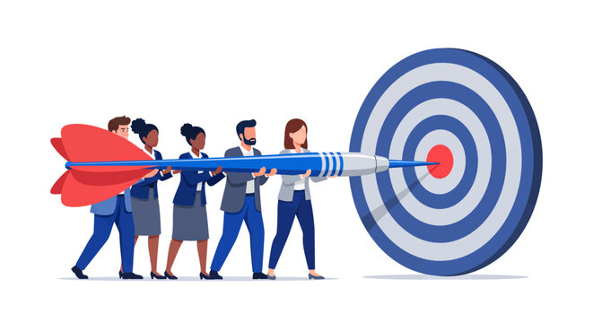 Diverse business team hitting target bullseye with giant dart