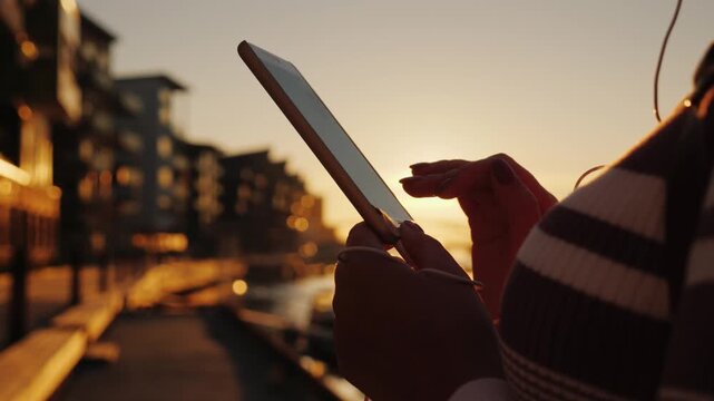 Woman using digital tablet at golden sunset near harbor in city environment with soft focus blurred background for social media interaction or communication lifestyle concepts captured 