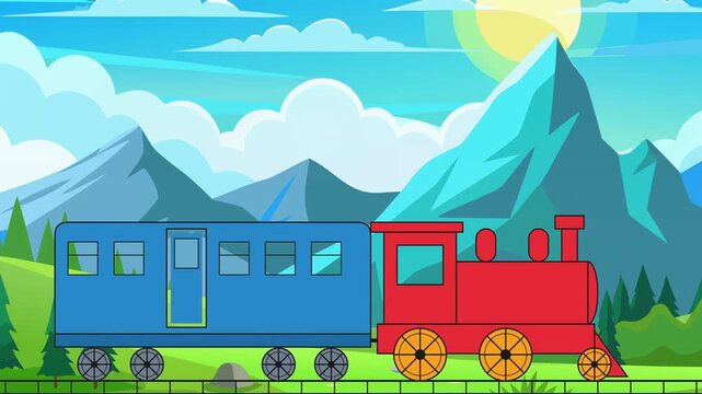 Red steam locomotive pulling blue passenger carriage travels on railway tracks through green hills with pine trees and snow-capped mountains under sunny blue sky with clouds.