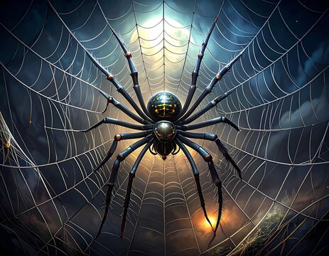 Large black spider in web closeup.