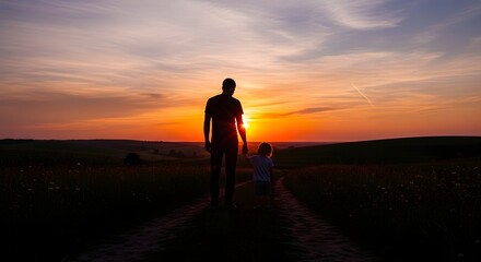Fototapeta premium Father and son silhouetted at sunset on rural country road