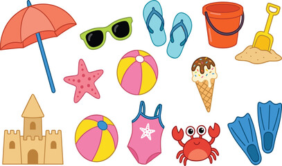 Colorful Summer Beach Vacation Icon Set Featuring Sandcastle, Umbrella, Sunglasses, Ice Cream, Swimsuit, and Beach Toys for Travel Promotions, Posters, and Web Graphics © Rownok