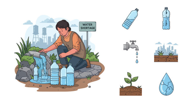 Drought relief: person collecting scarce water from stream into bottles, water shortage concept