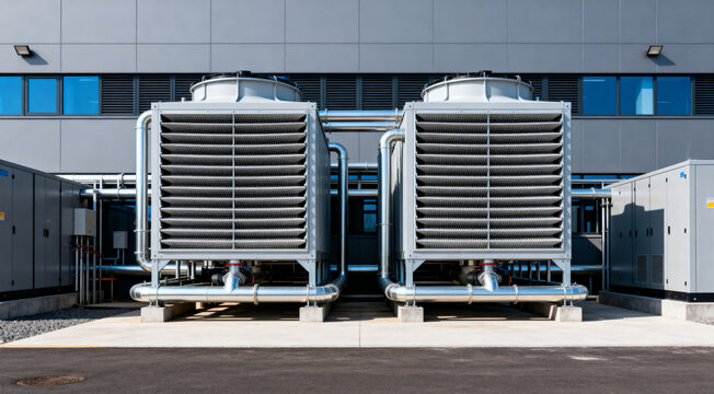 Industrial air conditioning cooling towers in front of a modern data center facility