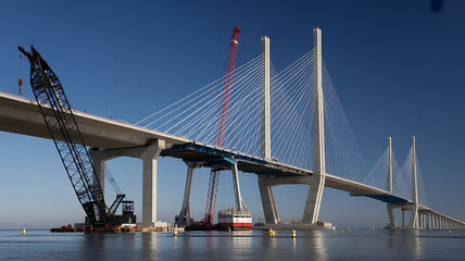 Fototapeta premium A large cable-stayed bridge under construction with cranes and a barge on a clear blue sky day