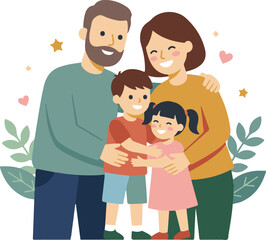 Obraz premium A joyful family of four, parents embracing their two children, surrounded by leaves and stars, symbolizing love and togetherness on a special occasion