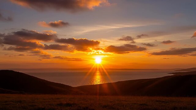 Golden sunset over rolling hills and ocean horizon with radiant cloud reflection waves