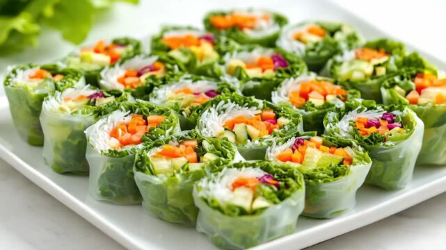 Fresh spring rolls filled with colorful veggies. Green leaves and crisp vegetables wrapped in translucent rice paper. Plated neatly on a white surface. Bright, clean, appetizing close-up