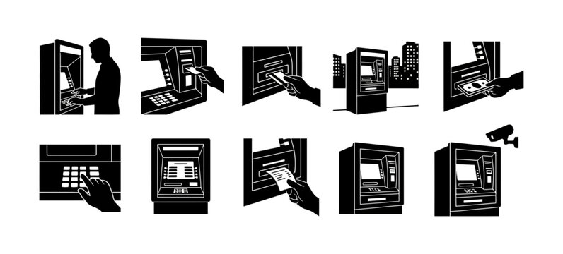 10 ATM silhouette icons bank card transaction, solid black style, financial service banking set
