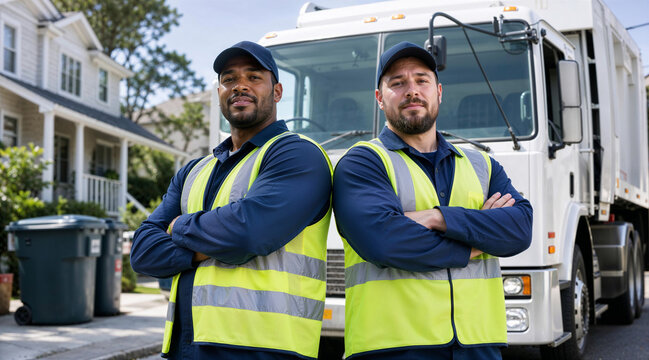 Two garbage collectors standing by truck in residential neighborhood