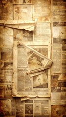 A textured wall is composed of layered, aged newspaper clippings and vintage photographs, creating a nostalgic and historical atmosphere.