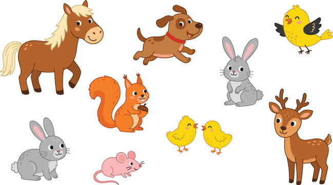 Adorable Cartoon Forest and Farm Animal Collection Featuring Horse, Dog, Rabbit, Squirrel, Deer, Bird, and Mouse for Kids Learning Materials and Nursery Graphics