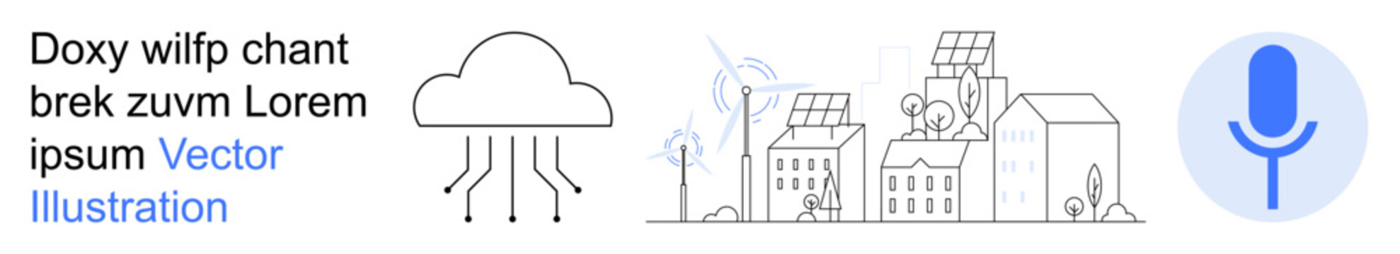 Renewable energy, technology, smart city, sustainable development, cloud computing, voice recognition. Cloud, buildings with solar panels microphone wind energy elements. Renewable energy