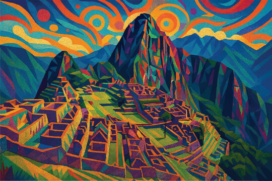 historical landmark Machu Pichu - contemporary creative modern art design digital art style, illustration