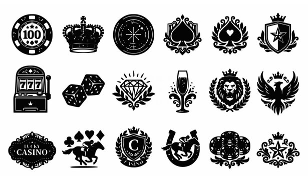 Luxury casino gambling emblem icon set poker dice slot machine vector isolated on white background