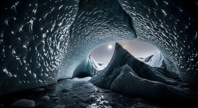 Dramatic View Inside Glowing Arctic Ice Cave Tunnel