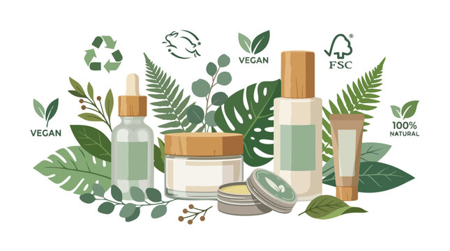 Natural organic vegan skincare beauty products 2d vektor illustration with eco-friendly certifications and green plant leaves for sustainable cosmetics