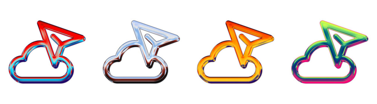 Isolated 3D glossy cloud mail icons with yellow orange gradient. Network connection and digital technology. Render illustration. Premium quality render design.