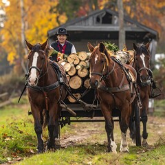 Obraz premium Man riding horse-drawn wagon with logs.