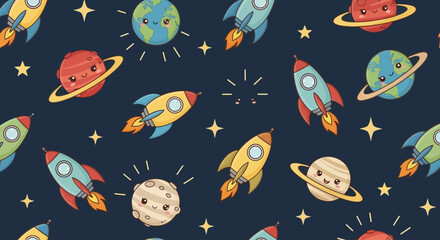 Seamless pattern with colorful rockets, planets, and stars in space theme. © Faeyza