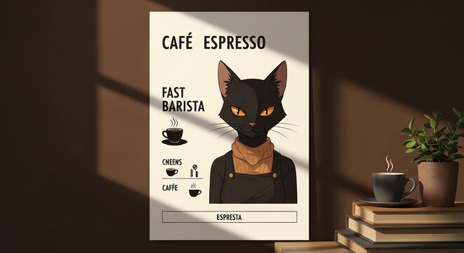 Black cat barista poster for cafe espresso theme.