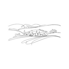 Fototapeta premium Continuous line art of rolling hills and houses in countryside on checkered background.
