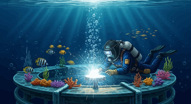 Deep Sea Underwater Welder Illustration with Scuba Gear