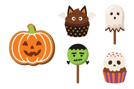 Halloween sweet treats collection set with pumpkin cookie and monster cupcake