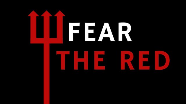A bold graphic design featuring a red trident and the phrase 'FEAR THE RED' on a black background with a striking contrast of white and red text