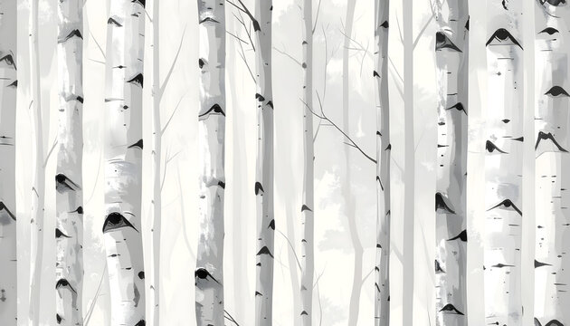 Seamless wallpaper pattern of simplified silver birch trunks with vertical white and gray lines and black accents in minimalist style generative AI