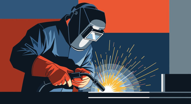 Industrial Welder Working with Metal Vector Illustration