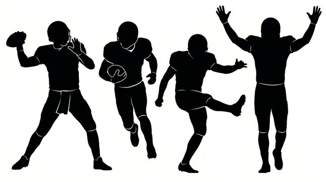 American football player silhouettes: quarterback runner kicker celebrator