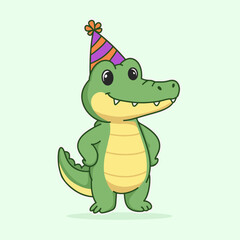 Fototapeta premium Adorable Alligator Mascot Wearing Colorful Birthday Party Hat