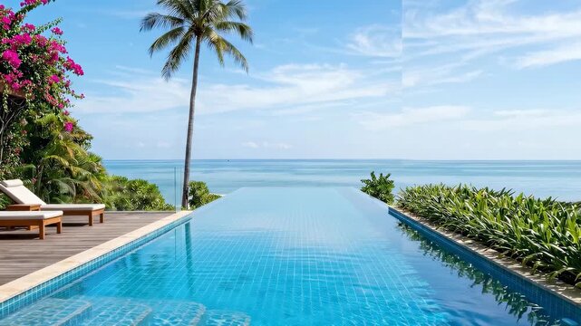 Stunning infinity pool overlooking the ocean with palm trees and blue skies.
