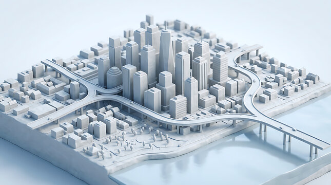 3D city model with complex highway system and tall skyscrapers in modern metropolis urban landscape