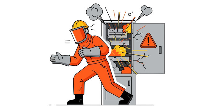 Electrician in PPE Facing Electrical Panel Explosion Vector