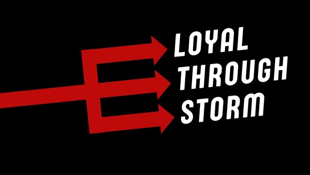 A close-up graphic design of a red trident with dual arrows and the phrase 'LOYAL THROUGH STORM' in white text on a black background, manchster united, mu, ggmu