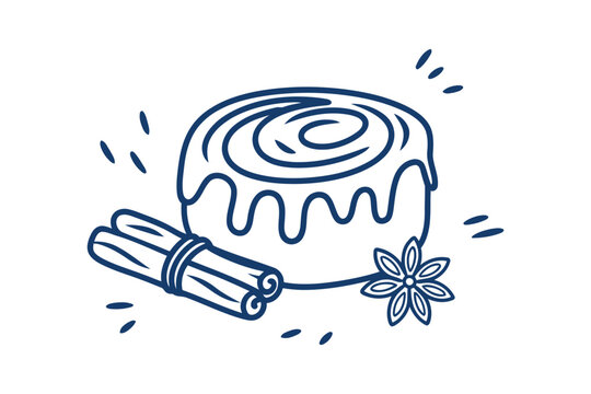 Blue line of cinnamon roll with cinnamon sticks and star anise line cinnamon roll