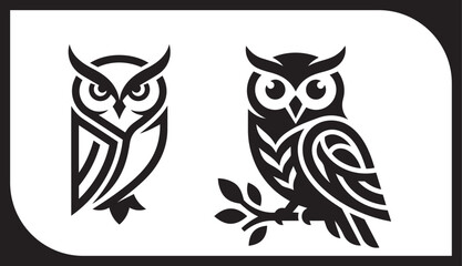 Fototapeta premium Black and white owl vector illustration on white background featuring a cute wise bird character with wings in a nature design