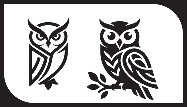 Black and white owl vector illustration on white background featuring a cute wise bird character with wings in a nature design