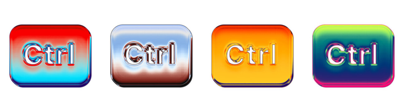 Set of 3D glass ctrl icon isolated on transparent background, symbols for Keyboard keys icon collection and design. Glossy reflective surface detail. Premium quality render design.