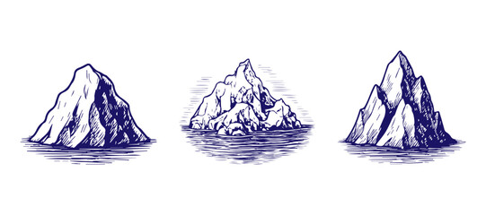 Iceberg tip illustration set in hand drawn line art style on cold water © Leg_IO