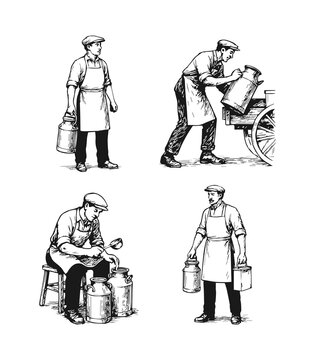 Vintage milkman delivering dairy products holding churn hand drawn sketch collection