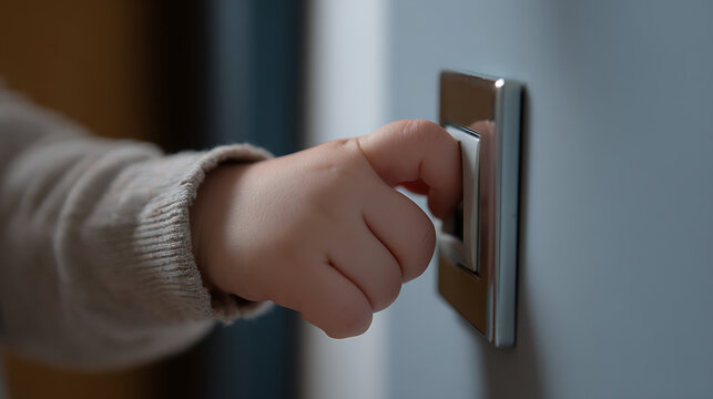 Close-up of a child's hand operating a modern light switch on a gray wall, illustrating curiosity and everyday interaction with home technology